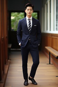 Korean man navy blue pinstripe suit adult architecture outerwear.