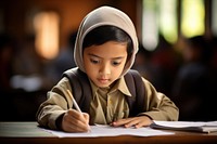 Indonesian kid studying writing student.