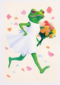 A cartoon bride Frog wear wedding dress and high-heels shoes holding a bunch of flowers amphibian painting animal. AI generated Image by rawpixel.
