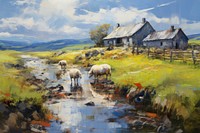 Sheep farm painting architecture landscape.