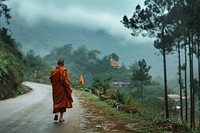 Monk walking adult road spirituality. AI generated Image by rawpixel.