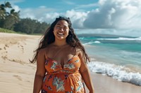 Chubby Pacific Islander woman walk on the beach outdoors nature ocean.