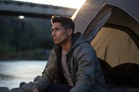 Latino outdoors camping portrait.