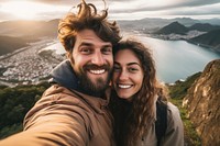 Couple traveler selfie laughing portrait. 