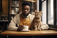 Barista with cat sitting mammal coffee.