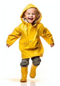 Kid in raincoat yellow white background protection.