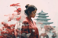Double exposure photography woman kimino and japanese garden architecture building outdoors.
