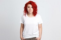 Woman in white t-shirt adult hair red.