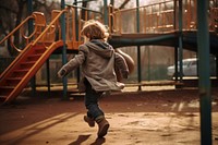 Kid running at playground outdoors child transportation.