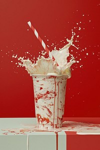 Striped straws in a glass of splashing strawberry milkshake refreshment splattered freshness.