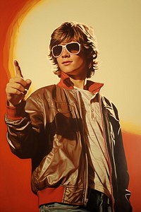 A teenage boy in casual attire standing and pointing his thumb to the side sunglasses portrait jacket. AI generated Image by rawpixel.