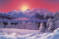 1970s Airbrush Art of a winter landscape outdoors nature.