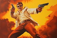 1970s Airbrush Art of a Action scene gun handgun glasses.