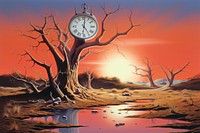 1970s airbrush art of a Clock melt on branch in desert clock landscape outdoors.