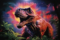 1970s Airbrush Art of a dinosaur in forest outdoors reptile animal.