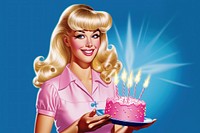 1970s Airbrush Art of a girl holding birthday cake dessert adult party.
