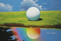 1970s Airbrush Art of a golf ball on grass outdoors sports reflection.