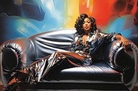 1970s Airbrush Art of a lady on sofa adult relaxation hairstyle.