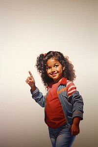 A latina brazilian little girl pointing her finger to the side opposite to her isolated on clear white background portrait photography happiness. AI generated Image by rawpixel.