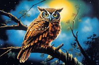 1970s Airbrush Art of a owl standing on branch animal bird beak.