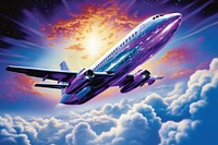1970s Airbrush Art of a Plane fly in purple sky airliner aircraft airplane.