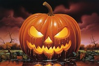 1970s Airbrush Art of a pumpkin in farm halloween anthropomorphic jack-o'-lantern.