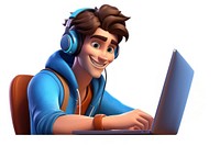 Man playing game computer cartoon headphones. 