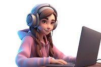 Girl playing game headphones computer cartoon. AI generated Image by rawpixel.