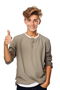 A teenage boy in casual attire standing and pointing his thumb to the side smile t-shirt sleeve. AI generated Image by rawpixel.