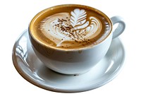 An latte with latte art is shown on a white plate coffee drink cup. AI generated Image by rawpixel.