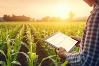 Asian farmer using digital tablet field agriculture technology.