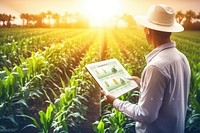 Asian farmer using digital tablet agriculture field technology.