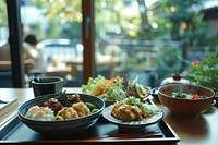 Japanese food set restaurant table meal.