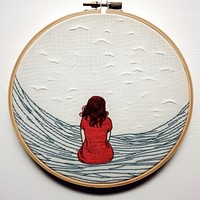 Woman in beach in embroidery style representation creativity cartoon.