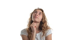 Young woman portrait looking white background.