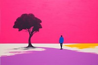 People walk pass Big solid color painting plant tree.