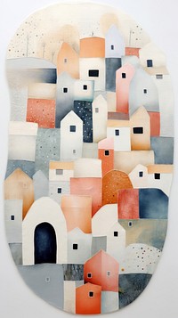 Snowy village painting collage shape.