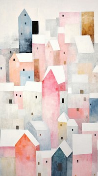 Snowy village abstract painting collage.
