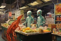 Aliens at Super market food art architecture.