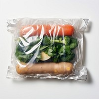 Plastic wrapping over a vegetable food white background bratwurst.