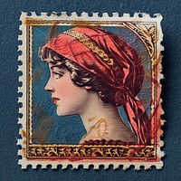 Vintage postage stamp with woman representation creativity needlework.