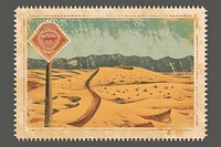 Vintage postage stamp with desert blackboard landscape mountain.