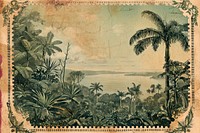 Vintage postage stamp with jungle backgrounds painting outdoors.