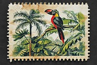 Vintage postage stamp with jungle animal plant bird.