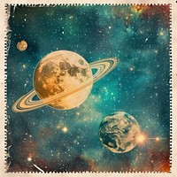 Vintage postage stamp with space astronomy universe planet.
