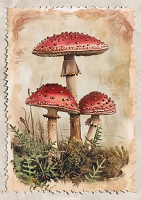 Vintage stamp with mushroom fungus agaric plant.