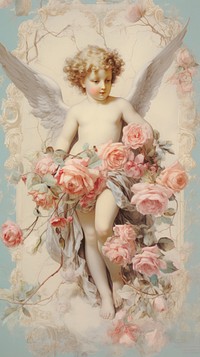 Vintage wallpaper painting flower angel.