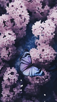  Purple flowers with butterfly outdoors blossom nature. AI generated Image by rawpixel.