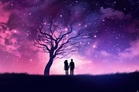 A couple of people that are standing under a tree purple silhouette landscape. AI generated Image by rawpixel.