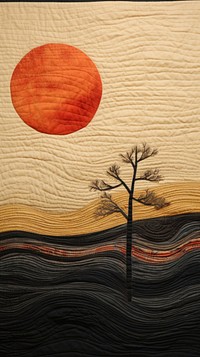 Embroidery with sunset painting nature tree.